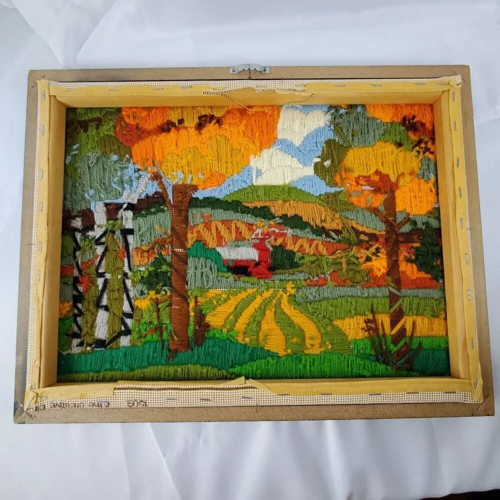 VTG 1970's Crewel Country Autumn Fall farm Scene Picture Framed Art 17”X13”